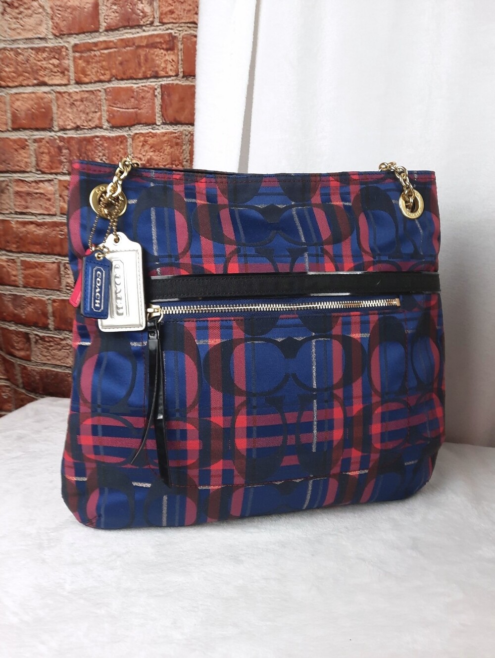 Coach Navy & Red Signature Plaid Denim Tote Bag